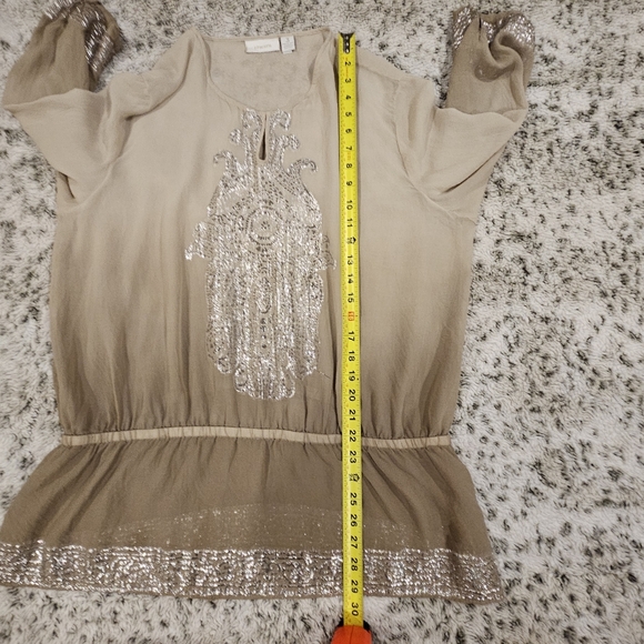 Chico's SZ 3/16/XL Ombre Taupe Silk & Silver Metallic Peplum Goddess Blouse - Picture 7 of 9